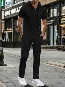 Men's Spring Summer Two-Piece Set, Outfit, Casual Drawstring Waist Pants & Waffle Texture Muscle Show Shirt, Elastic Jogging Suit
