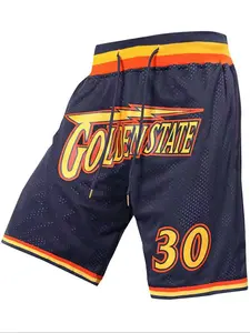 Men's 30 Blue Vintage Embroidered Zipper Basketball Shorts, Athletic Shorts, Jersey Shorts, Activewear Clothing, Casual Fitted Training Pants for Spring & Fall, Moderate Fabric, Comfortable Fit
