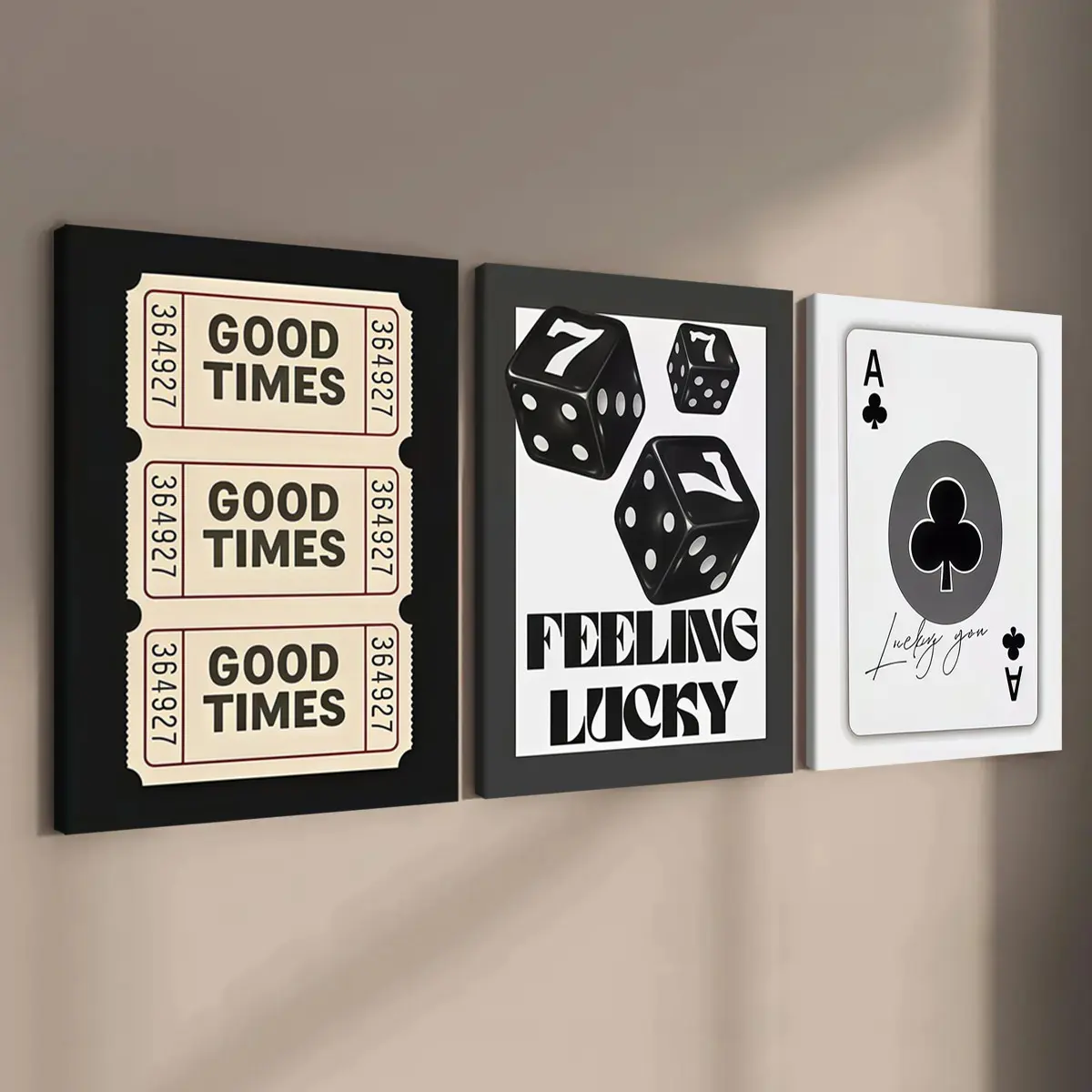 3-count wooden frame canvas, black and white cool lucky theme three-piece decorative poster, Decoration Items, home decoration, family poster, modern cool design, modern wall art, Modern Home Decor