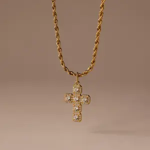 Majesty Cross Necklace by Caitlyn Minimalist - Chunky Pave Diamond Cross Pendant Necklace on Rope Chain - Religious Necklace in 18K Gold & Silver Finish - Vintage Jewelry - Gift for Her