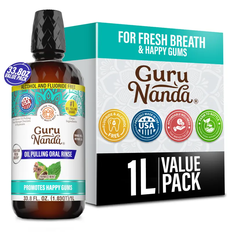 GuruNanda CocoMint Oil Pulling Mouthwash Value Pack with 7 Essential Oils & Vitamins for Complete Oral Health, 33.8 Fl Oz/1L