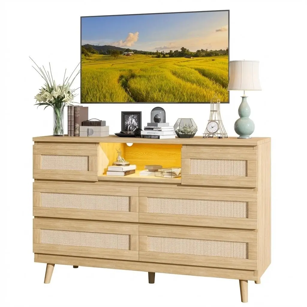 Garvee Rattan 6-Drawer Dresser with Integrated Charging Station and LED Lights, Modern Farmhouse Wooden Chest for Bedroom, Nursery, Living Room, and Entryway with Deep Storage and Open Cubby