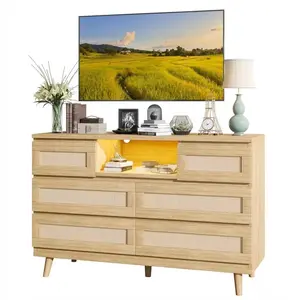 Garvee Rattan 6-Drawer Dresser with Integrated Charging Station and LED Lights, Modern Farmhouse Wooden Chest for Bedroom, Nursery, Living Room, and Entryway with Deep Storage and Open Cubby