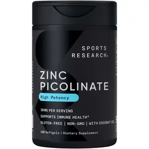 Sports Research High Potency Zinc Picolinate - 30mg - with Organic Coconut Oil - Non-GMO Tested & Gluten-Free (180 Liquid Softgels)