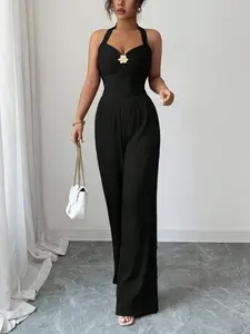 New American Vintage Y2K Sexy Water Ripple Texture Set, Metal Flower Slimming Fitted Short Halter Neck Top + Straight Leg Pants, Two-Piece Suit