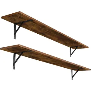 Long Wall Shelves, 55.1Inch Wall Mounted Shelves Set of 2, Extra Large Floating Storage Ledges with Sturdy Metal Brackets for Living Room, Bathroom, Bedroom, Kitchen, Rustic Brown