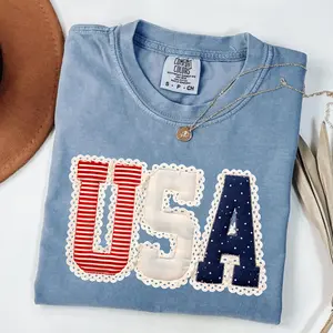 Comfort Colors USA Preppy Coquette Patchwork T-Shirt, America Patchwork Tee