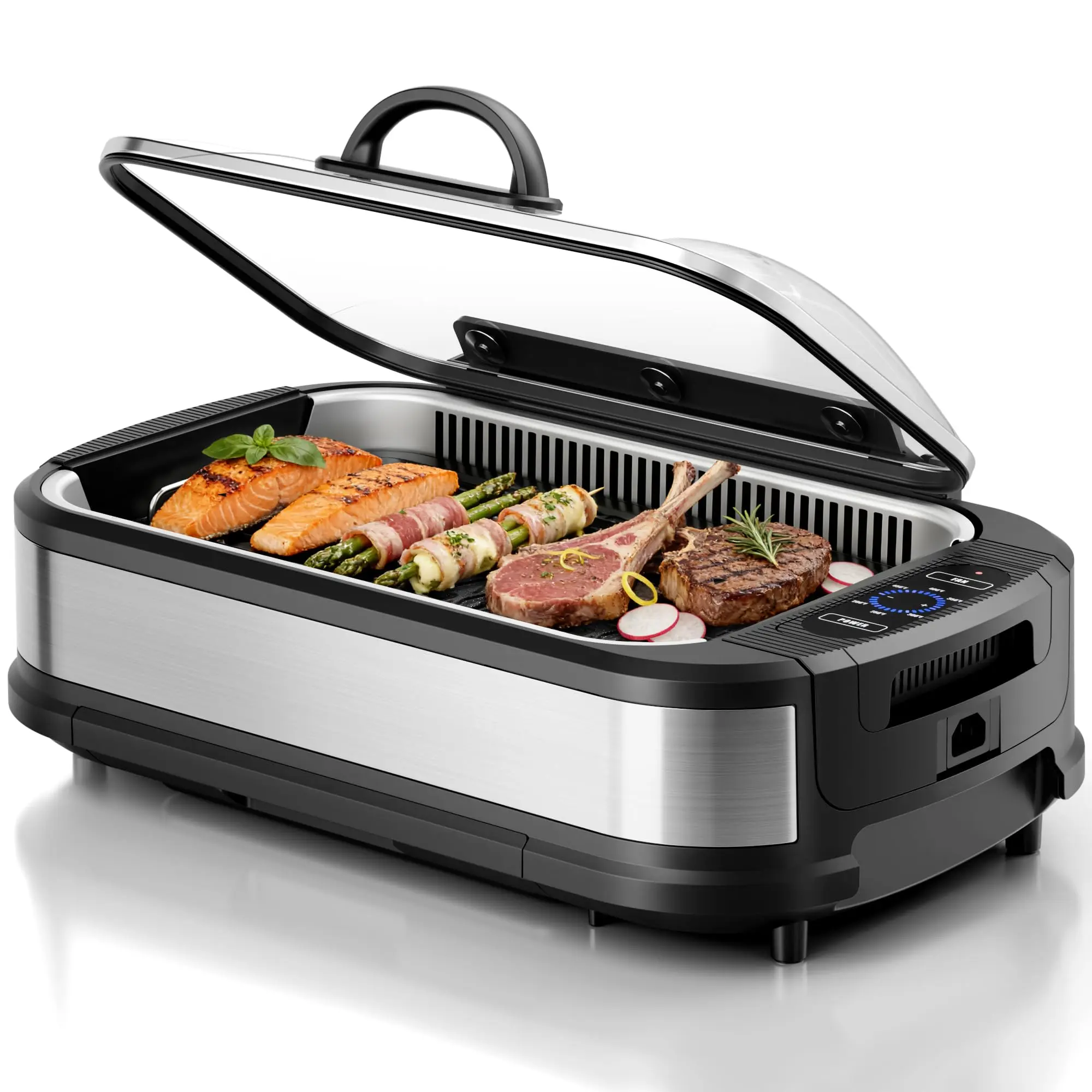 Smokeless Indoor Grill, 1500W Electric Grill Indoor with Tempered Glass Lid, Non-Stick Korean BBQ Grill with 6-Level Temp Control, Dual-Turbo Smoke Extractor, Drip Tray & Dishwasher-Safe Parts
