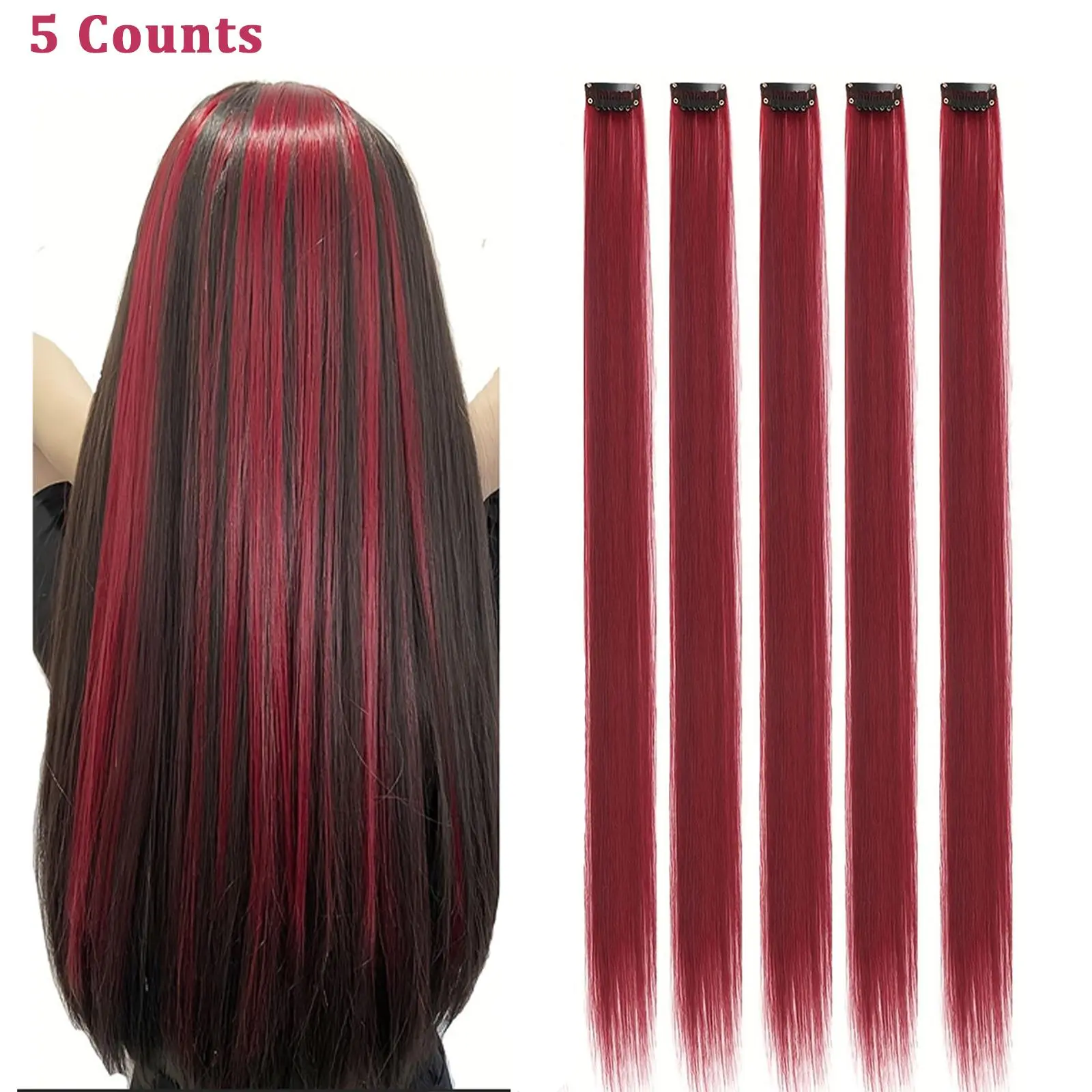20'' Colored Hair Long Straight Extensions, Halloween Cosplay Colorful Highlights Clip in Synthetic Hair Extensions, Burgundy Color Hairpieces for Girls Women Favor Gift, Christmas Decor