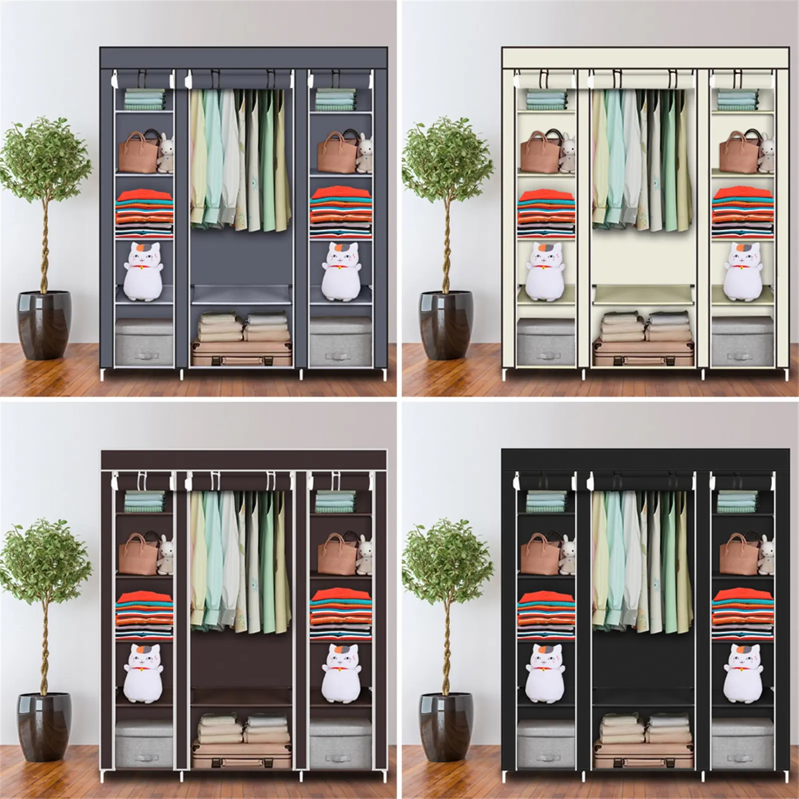 69-in Freestanding Above-Ground Metal Frame Wardrobe with Regular Door, Portable Non-Woven Fabric Closet Storage, Easy Assembly, Large Scale Organized Storage Wardrobe for Bedroom (Black/Beige/Gray)