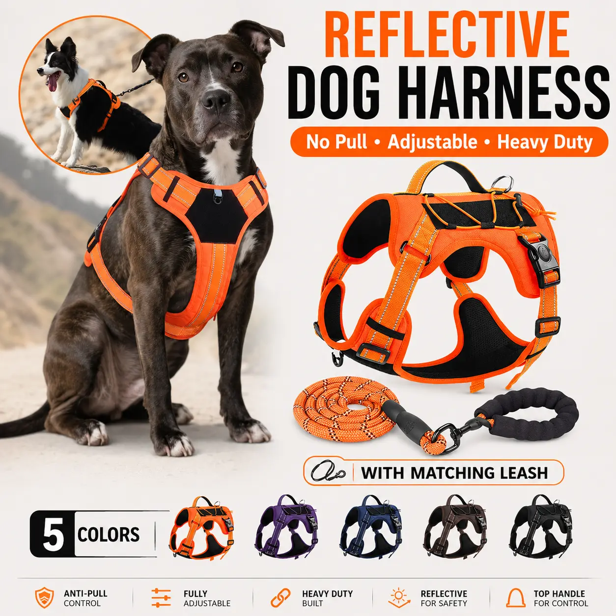 Tactical Dog Harness, No Pull Dog Harness with Leash, Lightweight Adjustable Dog Vest Harness for Small Medium Large Dogs, Reflective Escape Proof Dog Harness with Handle, Breathable Dog Harness for Training, Walking, Hiking, Outdoor, Protect Dog's Sternu