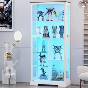 Display    Doors,71'' Bookcases  Adjustable  Shelf, 4-Tier Curio   3 Color Lights For Collectibles, Bookshelf  Human Body For Books,Toys,Liquor,White Cabinet with Glass mirror Triple Wide Modern Double Sliding Tub