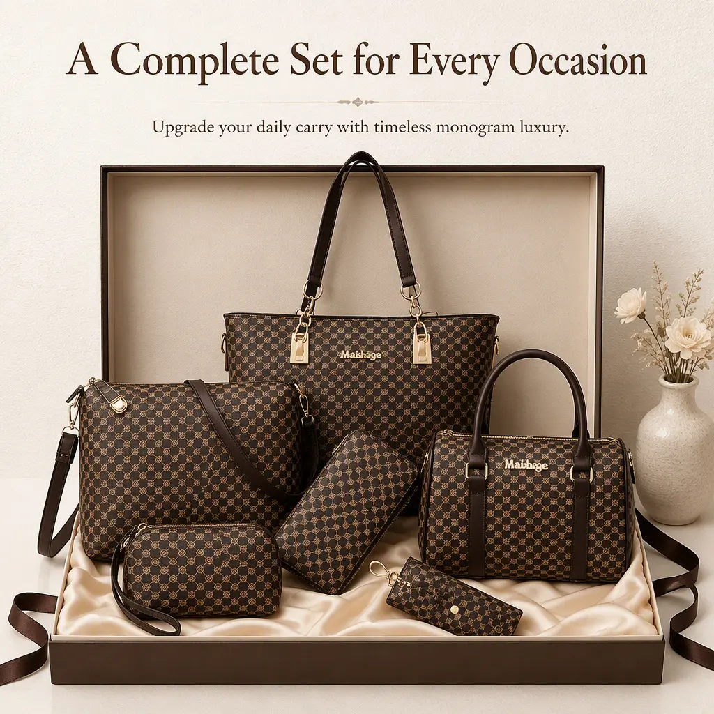 6 Piece Monogram Handbag Set Under $40, Vintage Pattern Tote Bag Set with Crossbody Purse & Wallet, 6-in-1 Matching Shoulder Bag Collection, Large Capacity Leather Laptop Tote, Work Travel Fashion Gift for Women fashionable