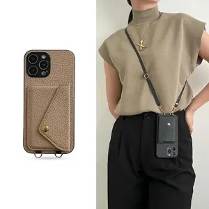 Luxury Crossbody strap lanyard wallet leather case for iPhone 16 17 16pro 15 pro 17pro max 14 13 12 11 card holder phone cover