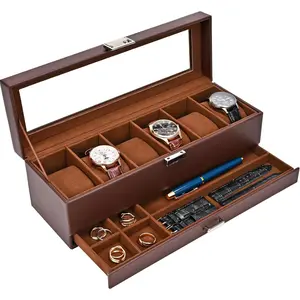 Watch Box for Men, 6 Slot Watch Display Case with Drawer, Mens Watch Case With Glass Lid, 2-Layer Jewelry and Watch Storage Watch Holder Organizer for Men Women -6 Slot, Espresso