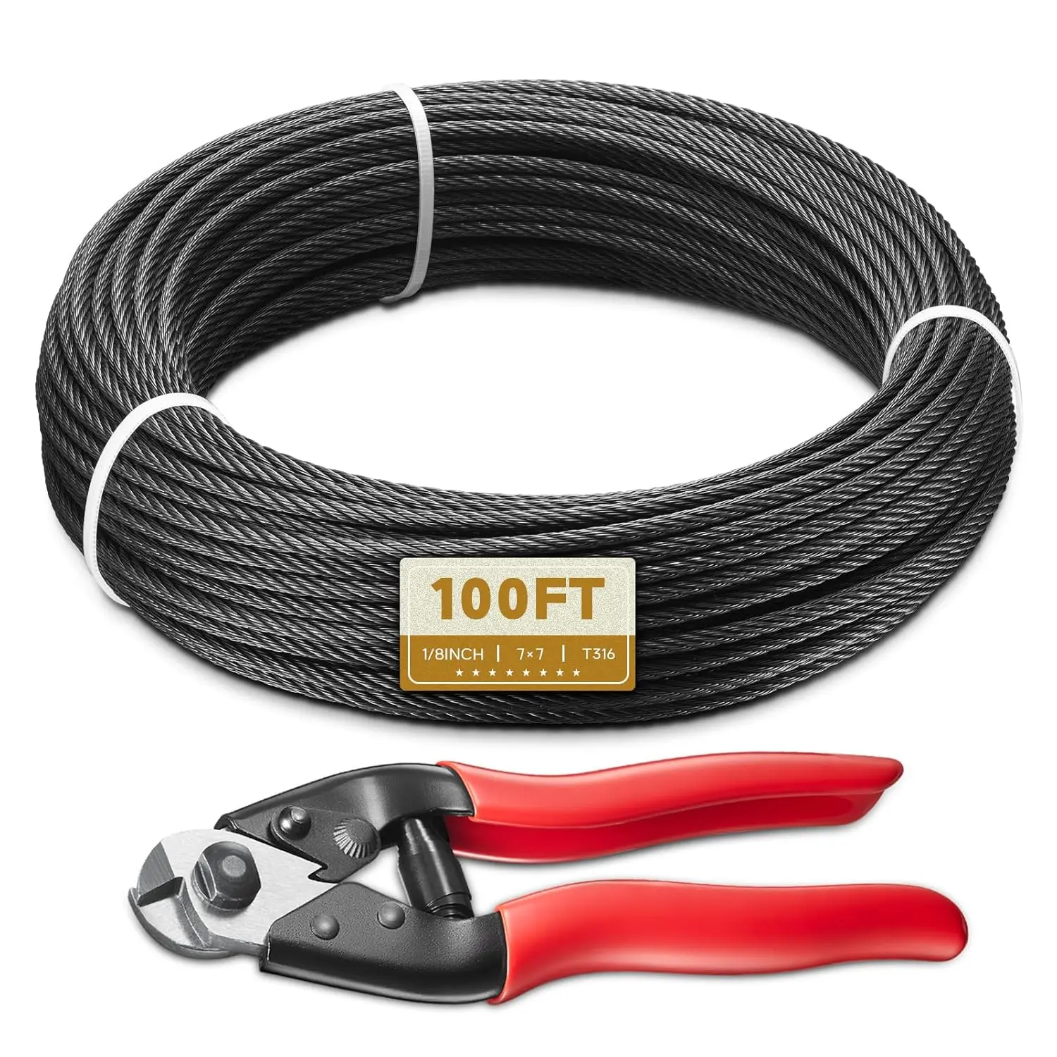 100FT 1/8" T316 Black Stainless Steel , Black Wire Rope Aircraft  for Deck  Railing Kit, DIY Balustrades, 7x7 Strands Construction, Comes with a