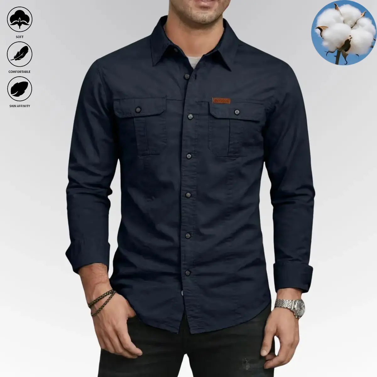 Men’s long-sleeve work shirt — outdoor casual multifunctional top, 100% pure cotton comfortable fabric, solid color design, turn-down collar, button details—ideal for spring and autumn.