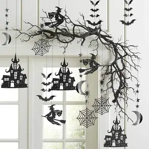 Halloween Garland Halloween Sticker Decals for Decoration Black Glitter Gothic Sticker Decals Star Moon Hanging Backdrop for Halloween Party Birthday Baby Shower Office Classroom Decor.