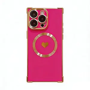 Magnetic Square Edge Shockproof Phone Case with Lens Protector Heart Design, Minimalist Style for iPhone 17 Pro max, 16plus, 15, 14, 13 junk