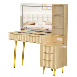 48 Inch Glass Top Vanity Desk with Lights, Modern Fluted Design, 36 Inch HD Lighted Mirror, 5 Drawers and 3-Tier Shelves, Built-In Charging Station – Complete Makeup Dressing Table for Bedroom