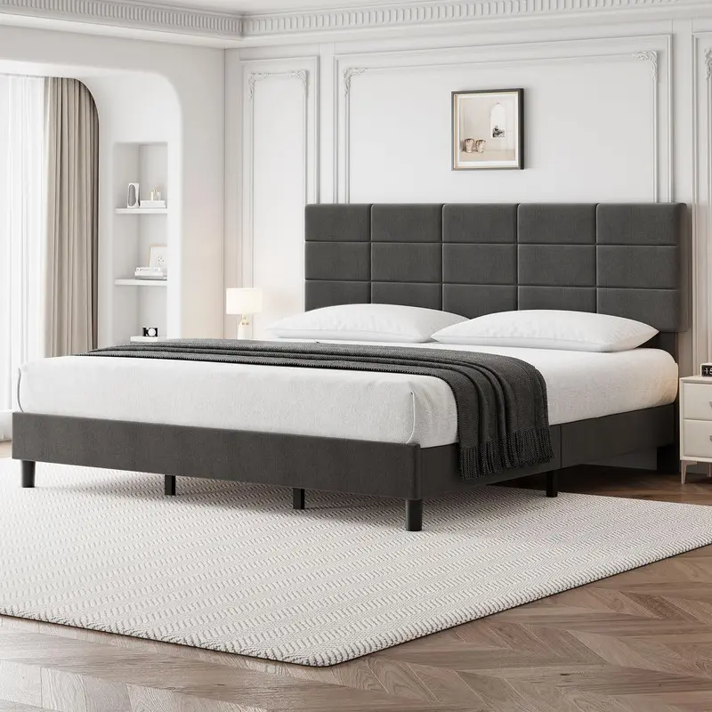 【Christmas Gift】Modern Grey King Bed Frame, Linen Upholstered Platform Bed with Height-Adjustable Headboard, Metal Frame with Strong Wood Slats & Leg Support for Noise-Free Sleeping Environment, No Box Spring Needed