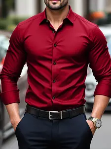 Men's Long Sleeve Formal Shirt, Wrinkle-Free Stretch Fabric, Button Front Pocket Design, Office Wear, Comfortable Fashion Csyj04 Fitted