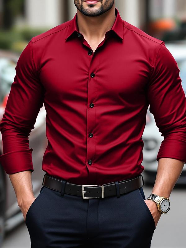 Men's Long Sleeve Formal Shirt, Wrinkle-Free Stretch Fabric, Button Front Pocket Design, Office Wear, Comfortable Fashion Csyj04 Fitted