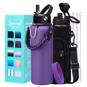 Insulated Gallon Water Bottle with Straw - 32 40 64 oz Triple Walled Water Bottle with Strap Carrier Bag, Flip Top Lid, Paracord Handle, Protective Cup Mat, Sweat-proof Metal Waterbottle for Sport, Gym, Workout