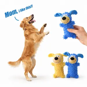 2PC Squeaky Dog Plush Toys for Aggressive Chewers, Cute Scruffy Puppy Mop Plush with Internal Shaker for Small Medium Dogs, Durable Interactive Tug of War Chew Toy, Blue & Yellow Set