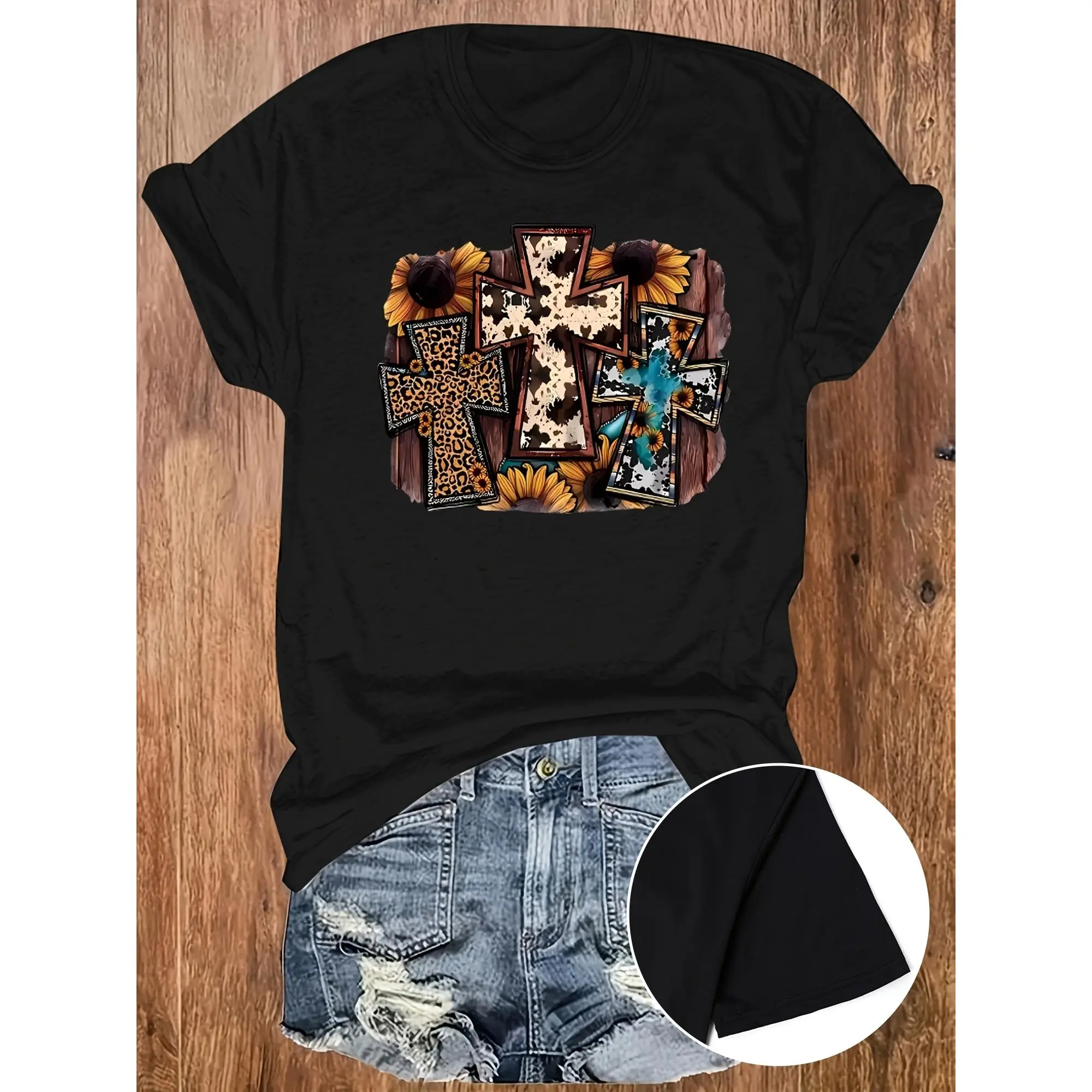 Women's Fitted T-Shirt with Sunflower Cross Graphic, Casual Crew Neck Short Sleeve Top in a Stretchy Cotton Blend for Easter, Tops, Shortsleeve
