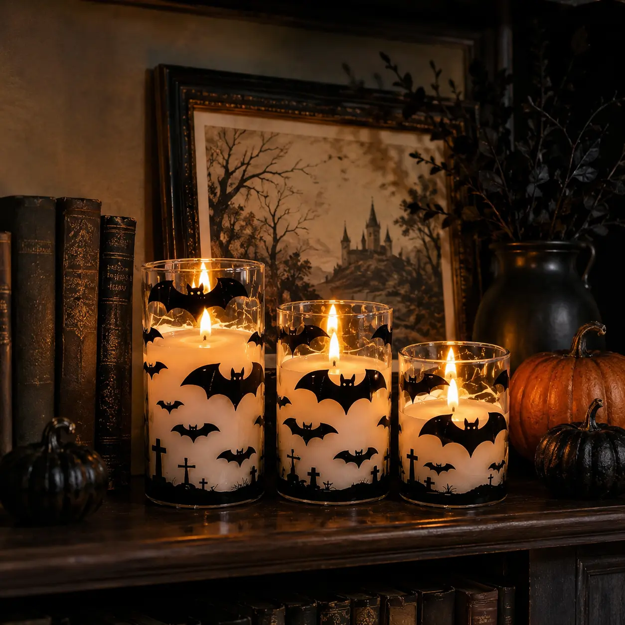 3-Piece Halloween Bat Glass Candle Set, Black Graveyard Silhouette Decorative Candles, Warm Indoor Tabletop Decor for Mantel, Shelf, Living Room & Halloween Party