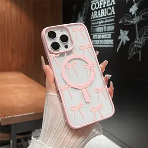 Original Design Magnetic Compatible Case for iPhone 17 Pro Max / 16 / 15 / 14 / 13 / 12 / 11 / XS / XR – pink bow | Stylish Rugged Scratch-Resistant Silicone Cover