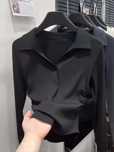 Women's Casual Slim Fit Long Sleeve Polo Neck Knit T-Shirt, Fashionable Side Pleat Design, Comfortable Youthful Commuter Style Tee