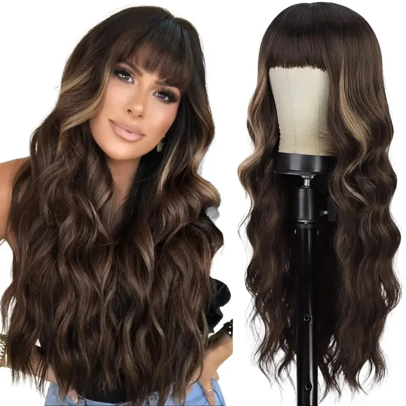 Sohochic AISI HAIR 26-Inch Long Wavy Synthetic Soft Hair Wig with Bangs, Heat-Resistant, Lightweight & Durable, Adjustable, Beginner Friendly Wigs for Beginners