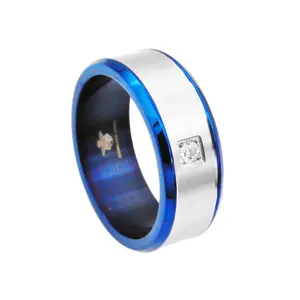 Mens Brushed Stainless Steel Band Ring With Cubic Zirconia And Blue Plated Edge