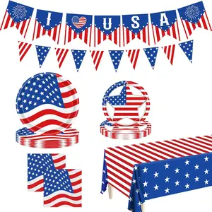American Flag Tableware Set Patriotic Party Tableware SetVeterans Gathering Party Decorations Patriotic Paper Plates and Napkins Tablecloth Memorial Independence Day Dinnerware for 20 Guests
