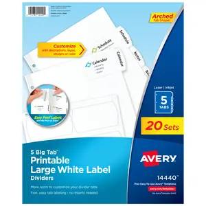 Avery Big Tab Printable Large White Label Dividers for 3 Ring Binders, 5 Tabs per Set, White (20 Sets of 14440)