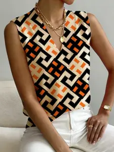 Women's Casual Vintage Geometric Patchwork Knit Sweater Vest, V Neck Sleeveless, Comfortable Breathable, All Seasons Wear Tops Vneck