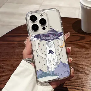 Phone case: Magical UFO Beams in the Night Sky Transparent Thickened Shockproof Hard Case with Magnetic Ring Supports Wireless Charging for iPhone 17 E Air Pro ProMax iPhone16 15 14 Plus 13 12 11 X XS XR - A Top Choice for Fresh and Stylish Gifts