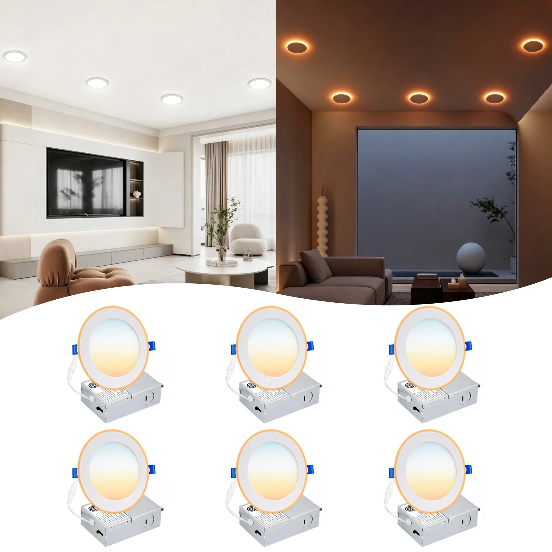 6Inch LED Recessed Night Lights Ultra-Thin 6CCT Multicolor 12W 1050Lumen 110-130V Dimmable LED Ceiling Lights Downlights for Living Room 2000K 2700K 3000K 3500K 4000K 5000K Adjustable Lighting for Bedroom luces led para casa,campingessenti
