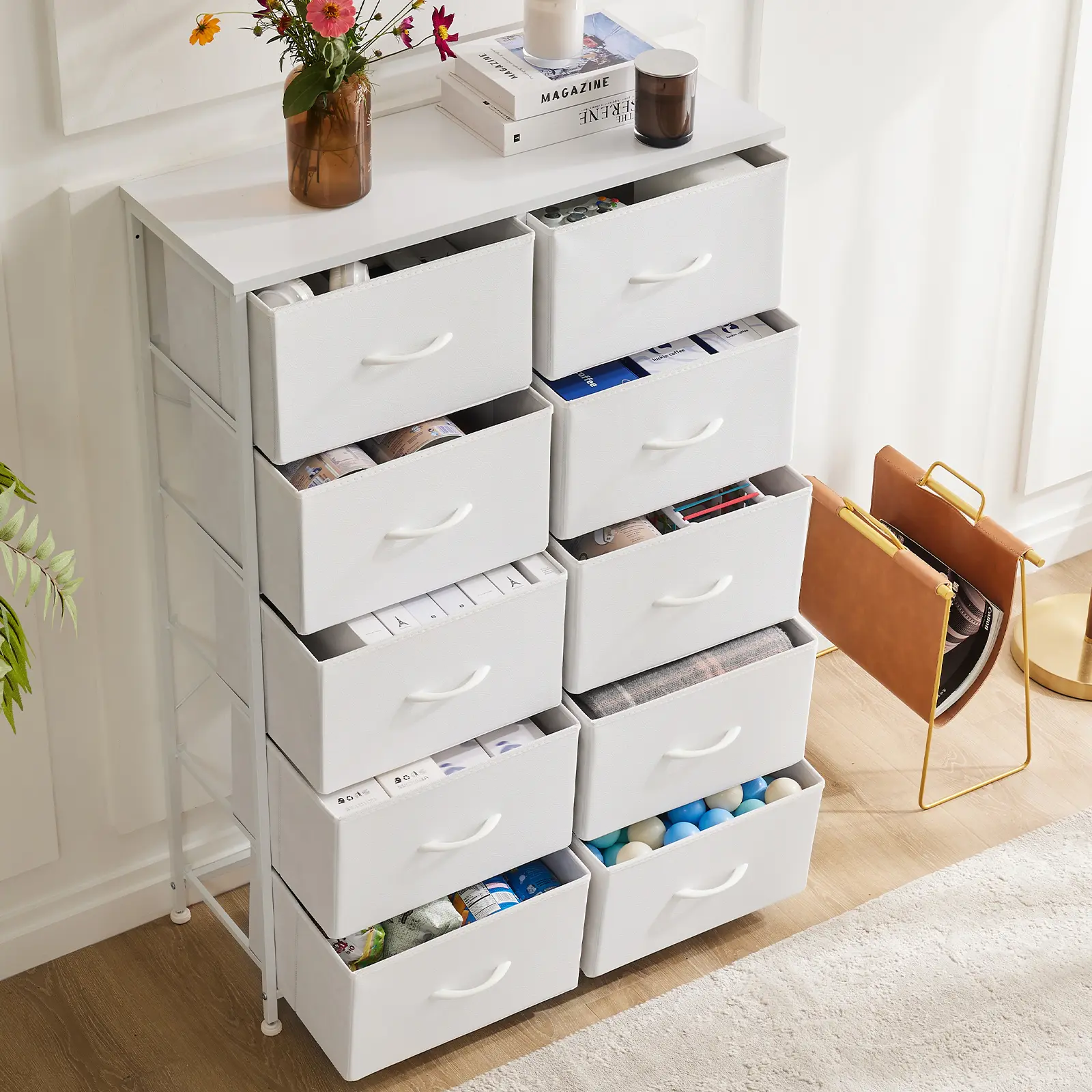 10-Drawer Fabric Dresser Tall Chest Storage Organizer, White - Sturdy Metal Frame, Wood Top, Lightweight Space-Saving Bedroom Furniture for Closet, Entryway, Easy to Assemble