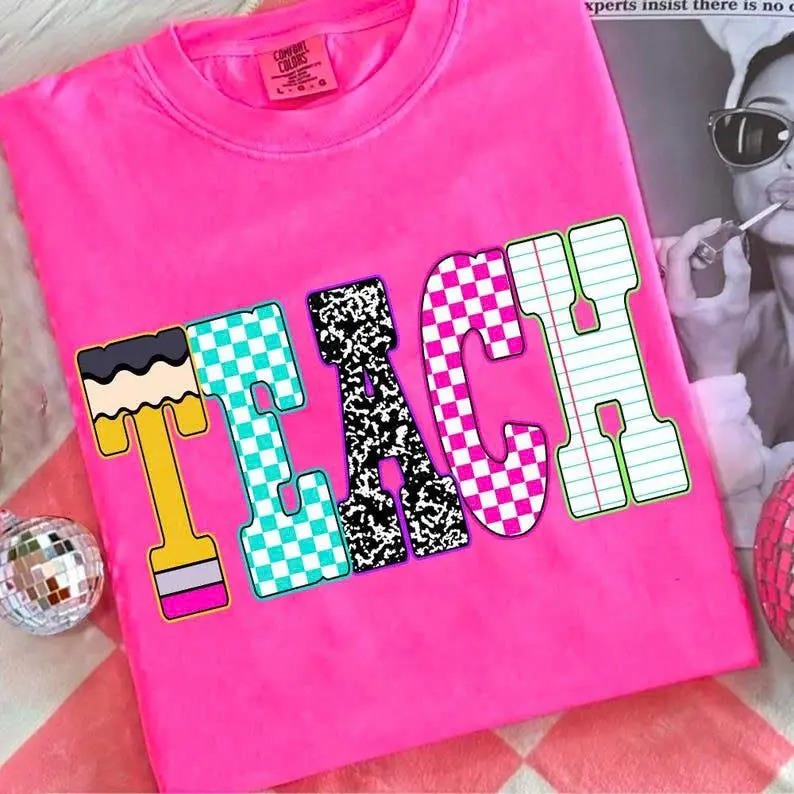 Comfort Colors Neon Checkered TEACH Shirt, Colorful Distressed Back to School Teacher Tee, Coquette Hand-Drawn 1st 2nd 3rd Grade Teacher Gift Womenswear Summer Casual