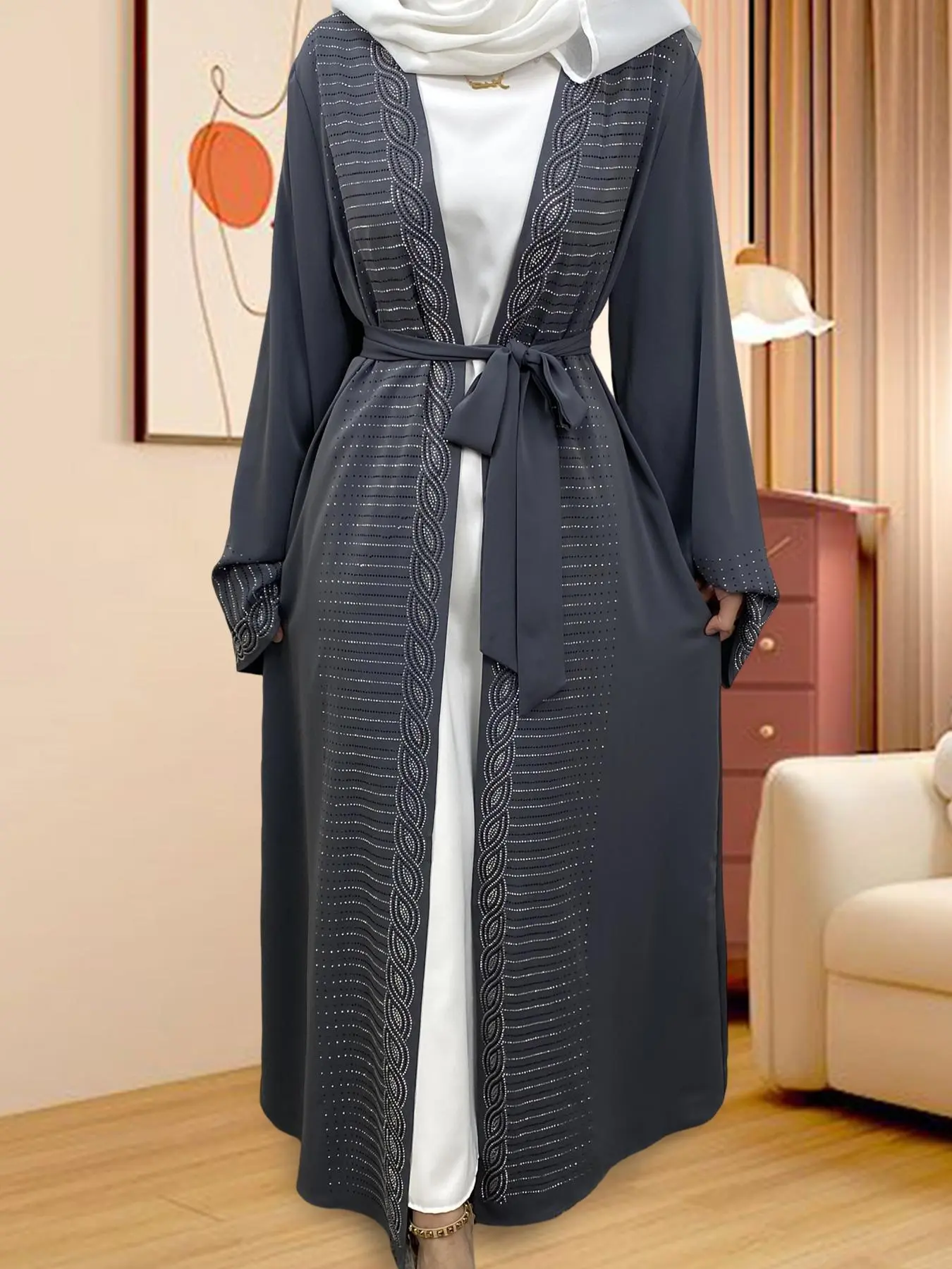 Women's Plain Rhinestone Decor Open Front Lounge Dress, Casual Long Sleeve Tie Front Lounge Robe, Ladies Sleepwear for All Seasons