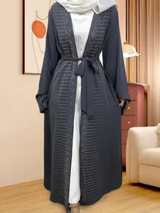 Women's All Over Rhinestone Decor Lounge Dress, Modest Casual Long Sleeve Open Front Abaya, Muslim Clothing for Daily Wear, Loose Abayas