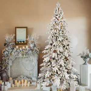 Best Lighted Poplar Christmas Tree, 3/6/6.5/7/7.5/8/9ft Artificial Noble Fir Pencil Christmas Tree, Pre-installed Lights & Pinecones, White High-End Holiday Christmas Decor Ornaments Decoration