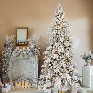 Best Lighted Poplar Christmas Tree, 3/6/6.5/7/7.5/8/9ft Artificial Noble Fir Pencil Christmas Tree, Pre-installed Lights & Pinecones, White High-End Holiday Christmas Decor Ornaments Decoration