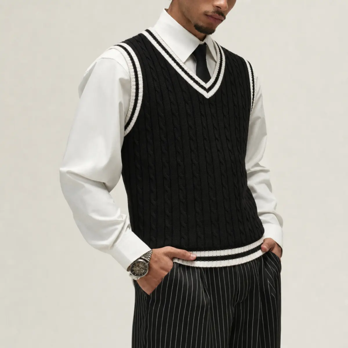 Men's Old Money Preppy V-Neck Sweater Vest. Classic Cable Knit Sleeveless Pullover Top with Striped Trim. Smart Casual Fall Winter Layering Essential for Office, Golf, and Everyday Wear. Vintage 90s Knitwear for Men.