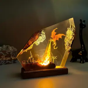 Ancient Fire Dragon Breathing Flame Diorama, Medieval Castle Ornament, Mythical Dragon Figurine, Handcrafted Wood Desk Decor, Unique Sci-Fi Gift Art