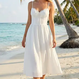 Women Sleeveless Spaghetti Strap Dress Solid Color Lace Trim Flowy Midi Dress with Pockets Cocktail Streetwear