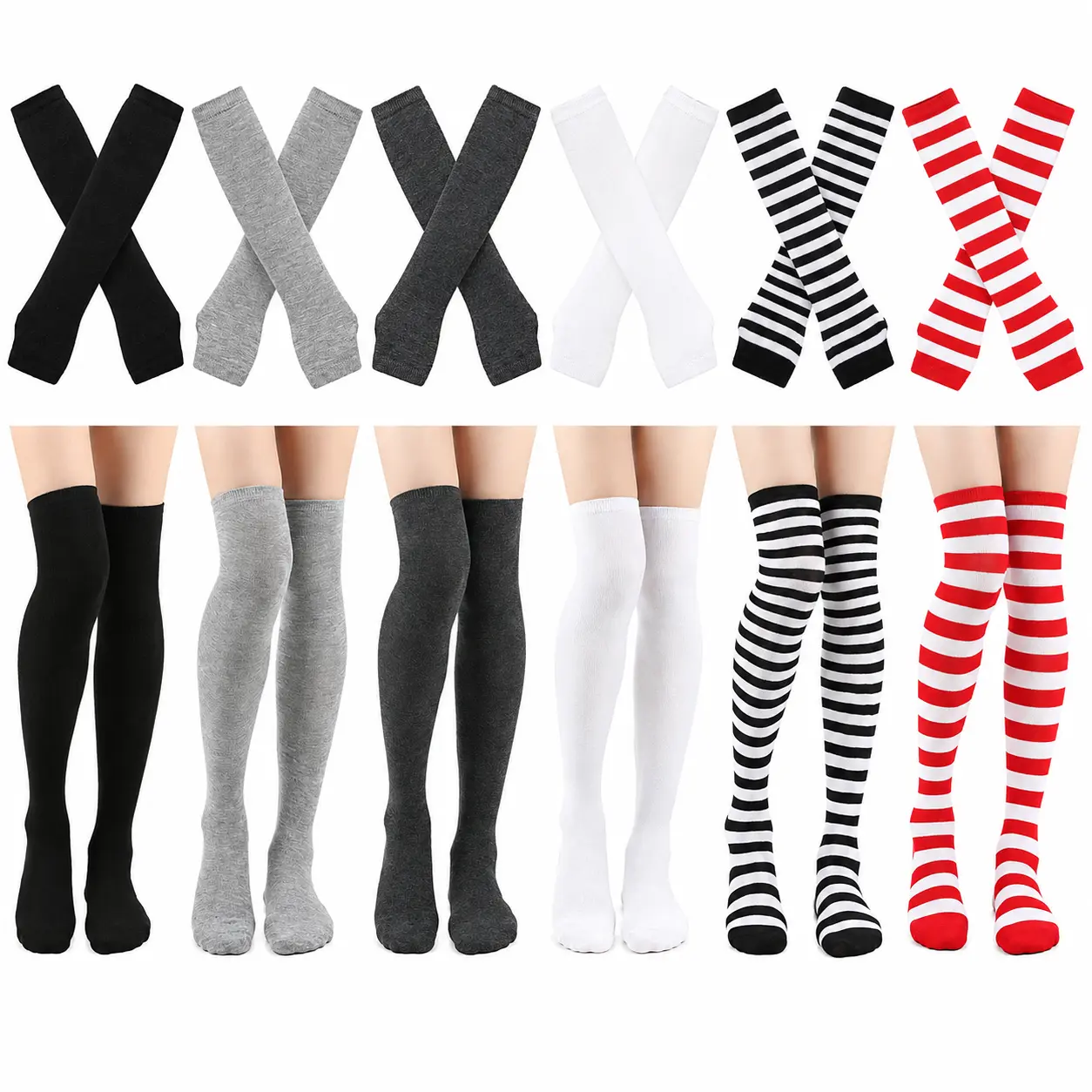 1 Set Women’s Striped Knee-High Socks and Fingerless Arm Warmers, Stretchy Y2K Thigh-High Leg Warmers, Cozy Accessories for Halloween, Christmas, Cosplay, Parties, Vacations and Everyday Outfits